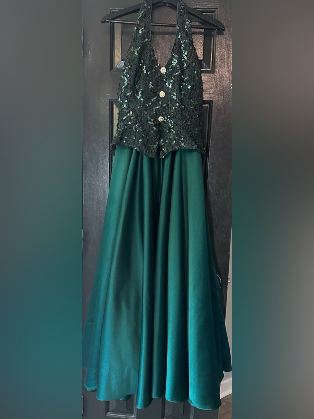 Vintage 1997 Hunter Green Formal Dress with Sequined Halter Top & Buttons, 3/4